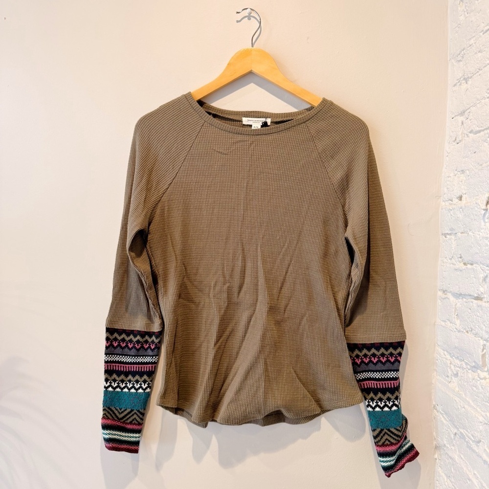 beachlunchlounge Green Waffle Knit Aztec Long Sleeve Top